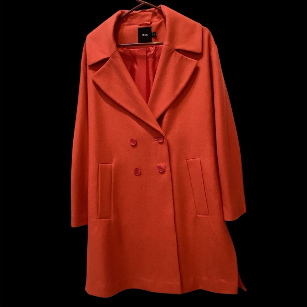 Peacoat Wool Blend. Beautiful Deep Orange. Drop belt in back. Very stylish.
